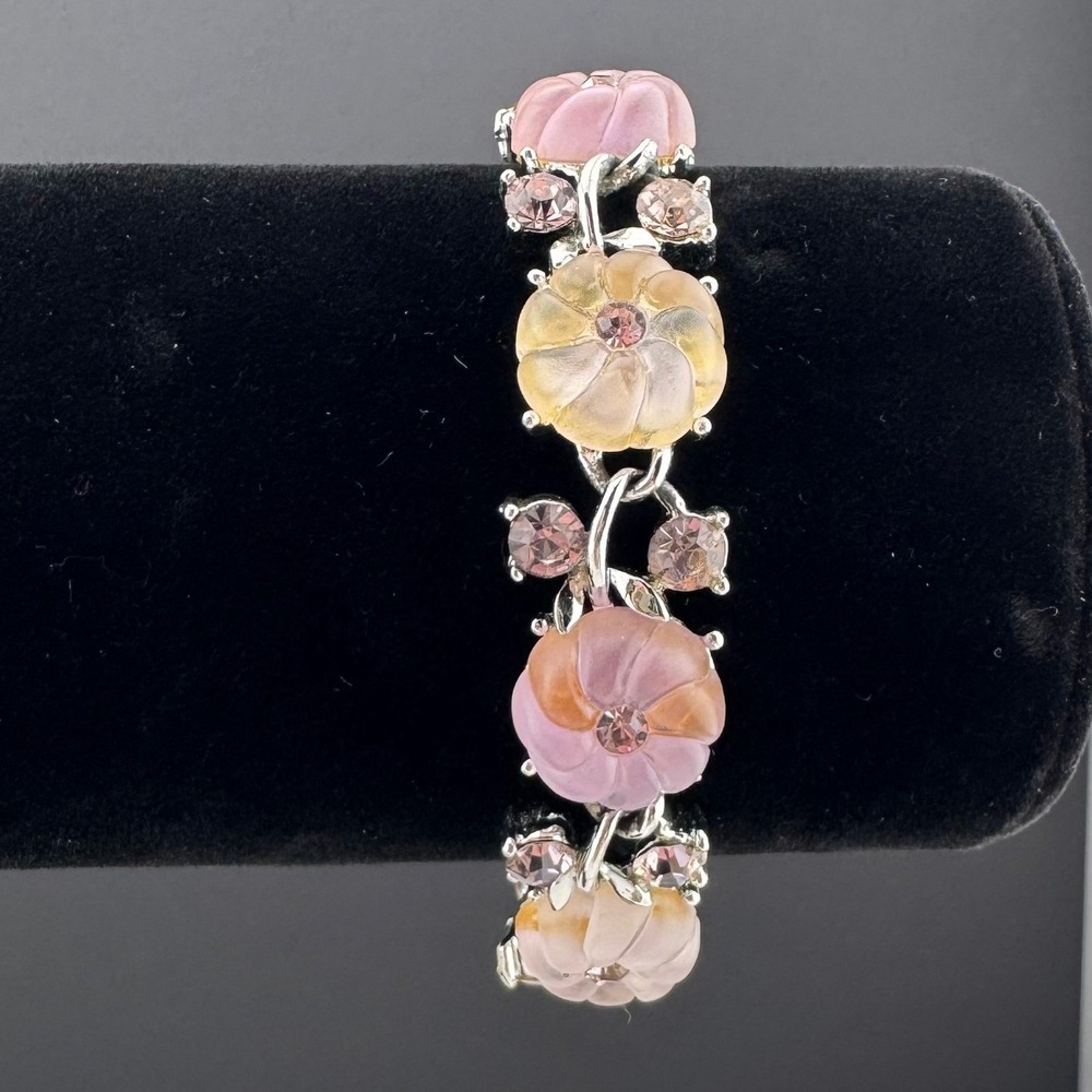 Vintage Lisner Bracelet Rhinestone Lucite Silver Tone Pink